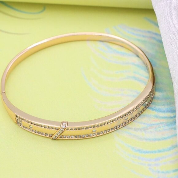 Rose Gold Bangle with Dual Row Crystal Accents, XPBL0581 - Picture 3 of 12